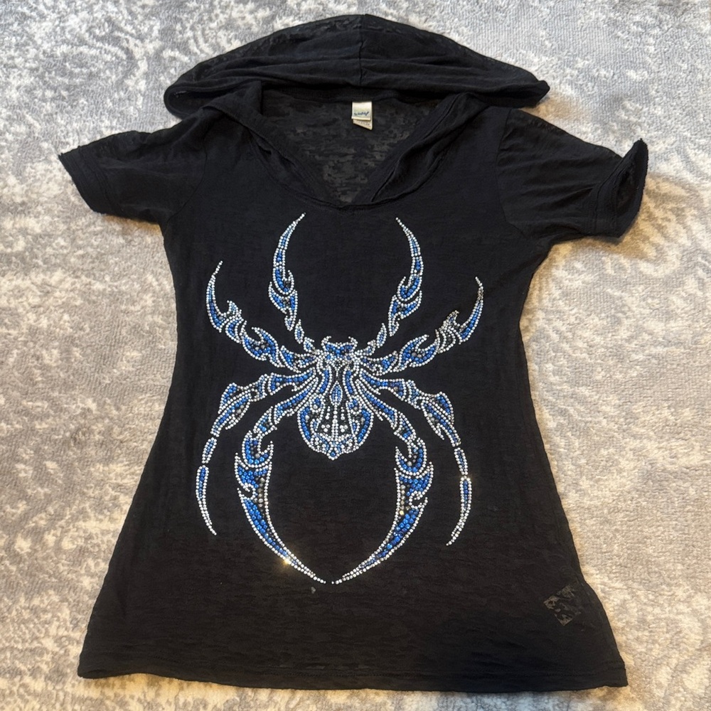Black Hooded T-Shirt with Blue Spider Design